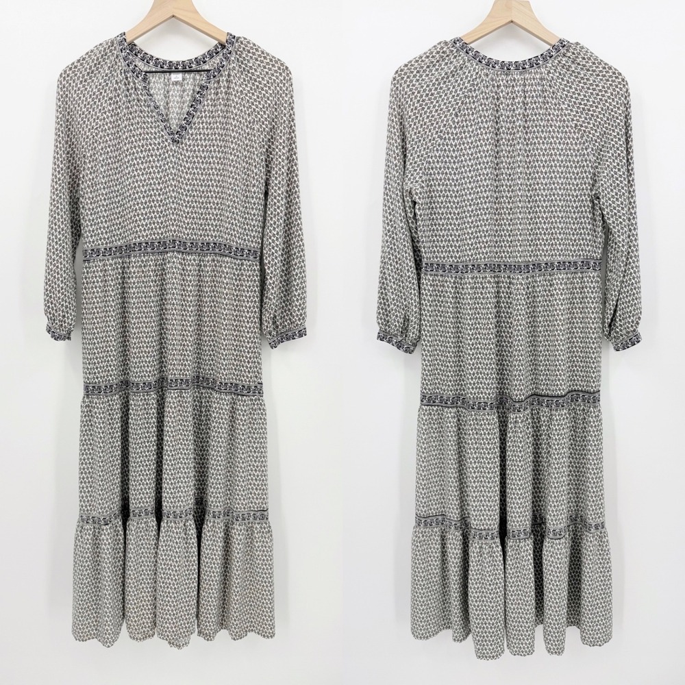 Old Navy Black White Floral Block Print Tiered Maxi Dress V-Neck M Boho Romantic